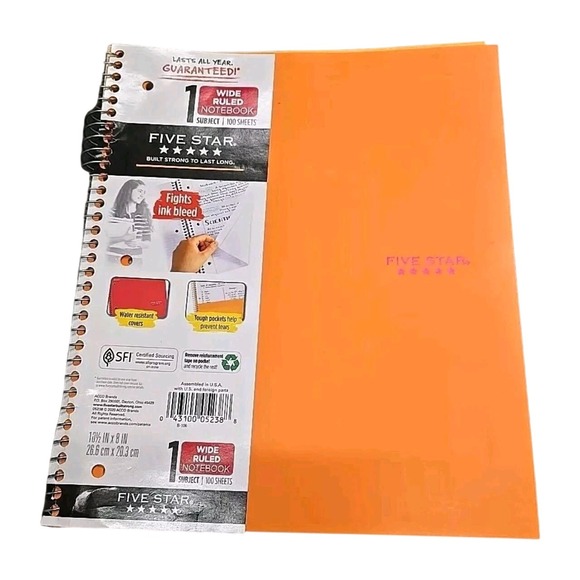 Five Star 1 Subject Wide Ruled Notebook 100 Sheets Orange - Picture 1 of 1